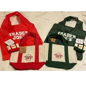 Trader Joe's Red & Green Set: Mini Canvas Tote + Micro Tote & Grocery Bag -6 pcs